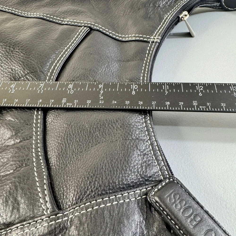 Nino Bossi Black Leather Hobo Crossbody Bag Contrast Stitch Silver Hardware
